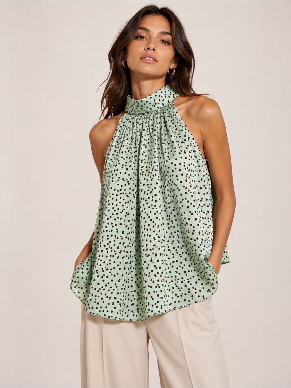 ZARA Sage Polka Dot Halter Tie Neck Blouse Quiet Luxury Romantic Size M